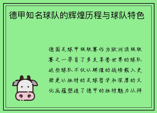 德甲知名球队的辉煌历程与球队特色